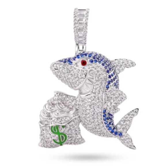 Sterling Silver 925 Rhodium Plat Money Bag Shark Greed and Blue CZ Pendant